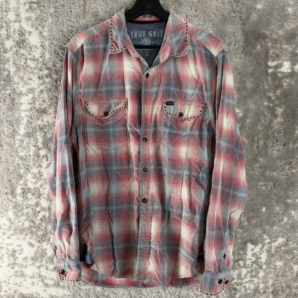 True Grit Size M Plaid Western Whipstitch Flannel Shirt Red Blue Long Sleeve Men